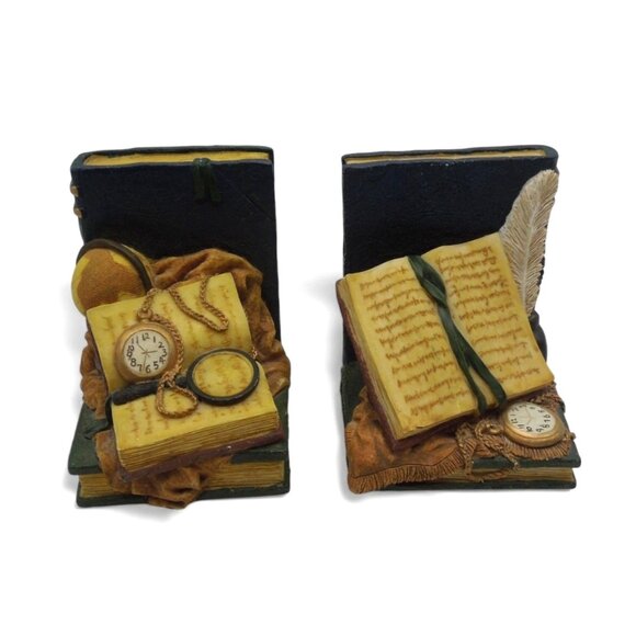 BOOKEND SET Artisan Flair Green and Cream Books Timepieces Design - Picture 1 of 10